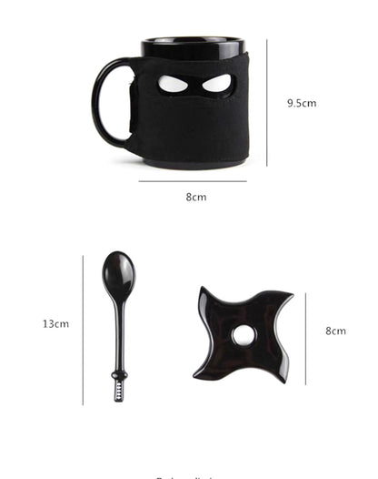 Ninja-Themed Ceramic Mug Set with Shuriken Coaster and Katana Spoon