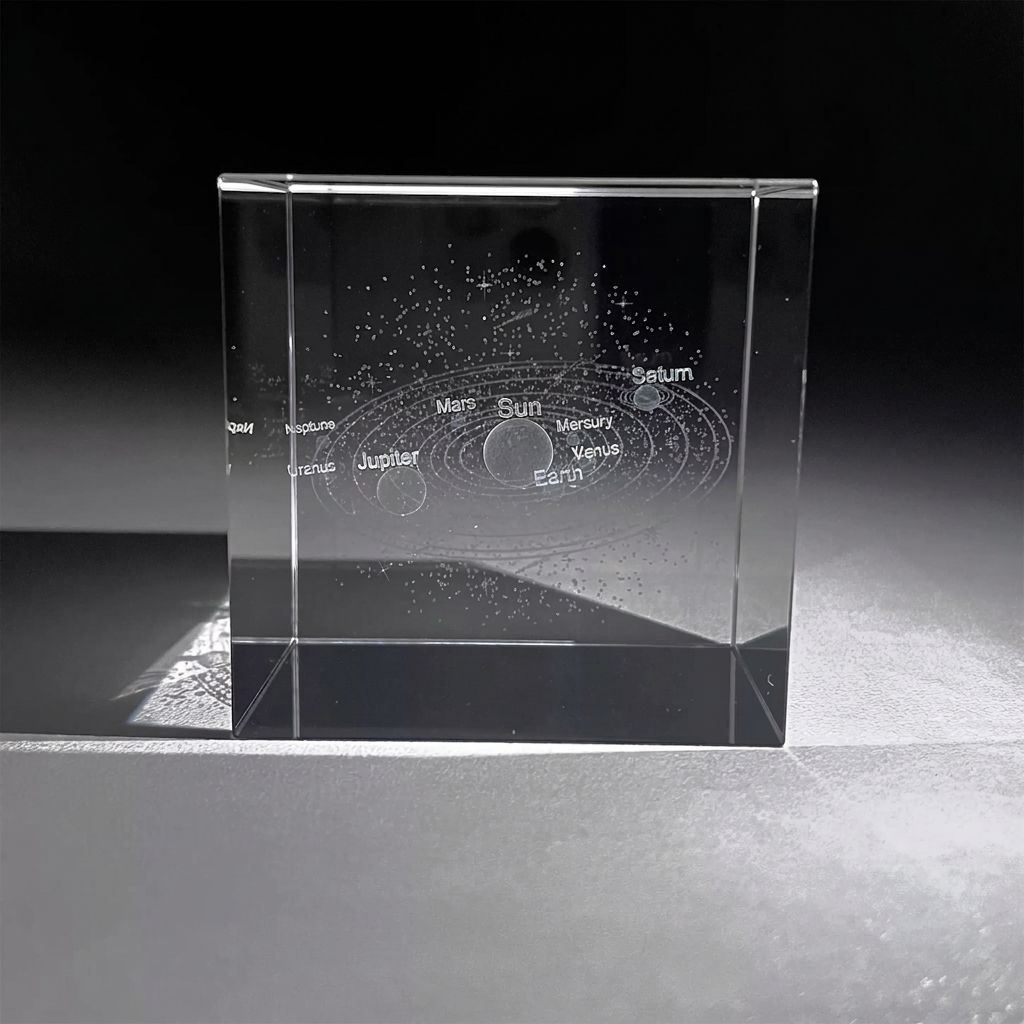 Solar System 3D Laser-Engraved Crystal Cube with Wooden LED Base